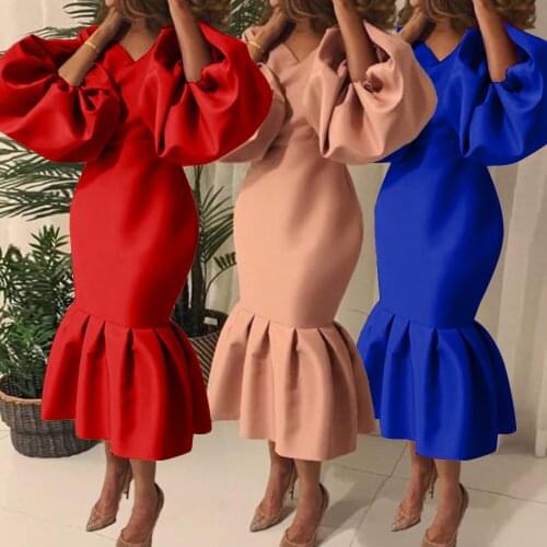 African Dresses For Women Plus Size Solid V-neck Puff Sleeve Mermaid Evening Party Maxi Dress 2021 New Fashion Vestidos