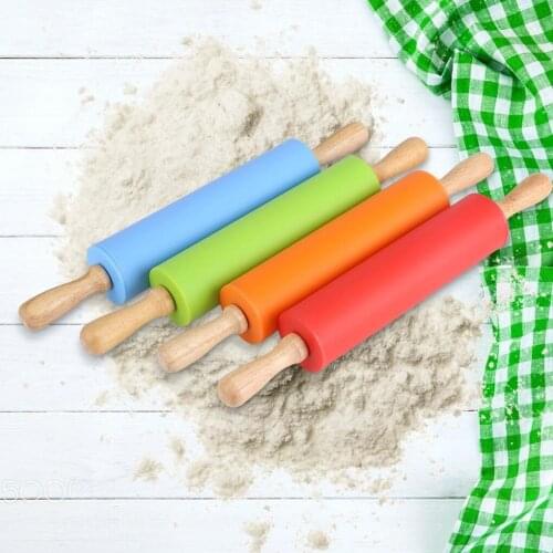S/M/L Non-Stick Silicone Rolling Pin Wooden Handle Bar Pastry Baking Tool Bakeware Kitchen Gadgets