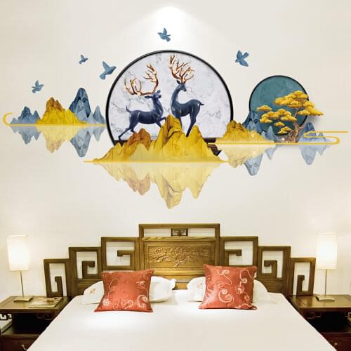 [SHIJUEHEZI] Nordic Style Mountains Trees Wall Sticker DIY Deers Birds Animals Mural Decals for Living Room House Decoration