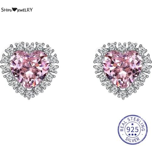 Shipei Trendy 925 Sterling Heart Pink Sapphire Greated Moissanite Gemstone Wedding Fine Jewelry Engagement White Gold Earrings