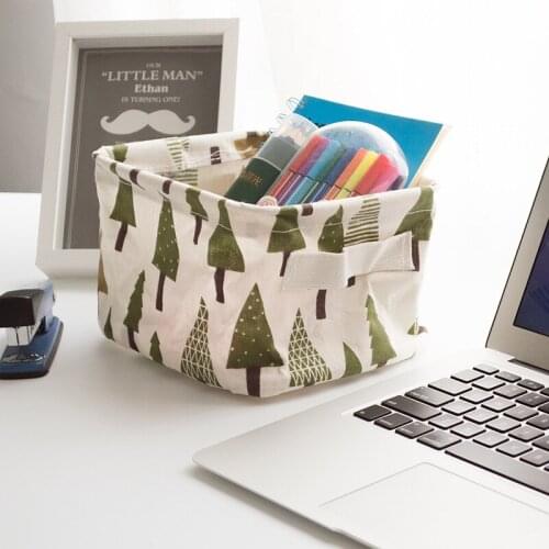 Mini Foldable Sundries Storage basket Cute Printing Cosmetics Container Cotton Linen Storage Basket Desktop organizer