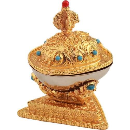 Engraved Buddhist Tall Bowl Tibetan Holy Water Cup Golden Dragon and Phoenix High Feet Bowl Zinc Alloy Homes Gift Decorative