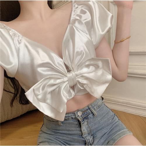 Women T-shirt Short Bow Elastic Lyocell Chiffon Korean Ladylike Sweet Y2K Tank Top Women Women Clothing Girls Tops