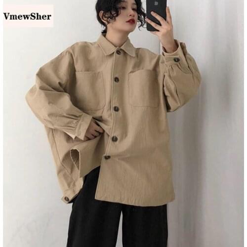 VmewSher New Spring Loose Women Shirts Solid Pockets Turn Down Collar Single Breasted Oversized Puff Sleeve Casual Autumn Coat