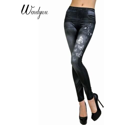 Wendywu Women New Stretch Butterfly Pattern Mid Waist Ankle-Length Black Denim Leggings