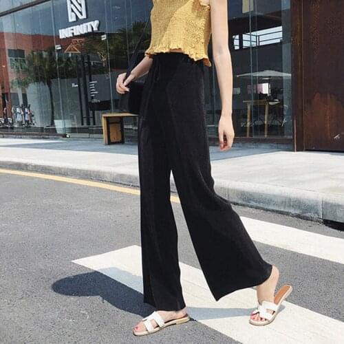 2021 New Lady Summer Fashion Wide Leg Ice Silk Thin Pant Pleated Pants Women High Waist Chiffon Bow Ruffles Loose Beach 6 Colors