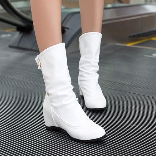 Ladies boots Wedge Boots Shoes Plus Size 33-43 Women Spring Autumn Flat Long Pu Soft Leather Motorcycle Boot Shoes white black
