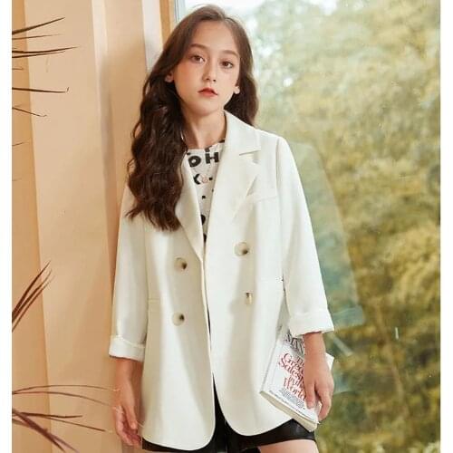 8-15 Years Teenage Girls White School Suit Children Double Breasted Blazer Autumn New Jacket For Girls Solid Outwear Coat 12 10