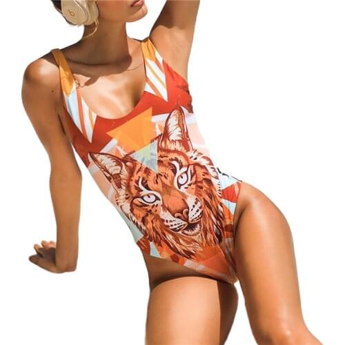 Womens Animal Printed One-piece Swimsuit Sleeveless Deep U-neck Backless Suspenders Swimwear 2021 New Bikinis