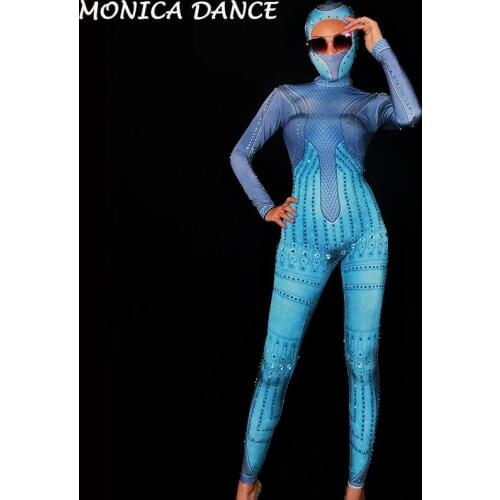 Women Sexy Sparkly Blue Crystals Stretch Jumpsuit Dance Party Show Bodysuit One Piece Rhinestones Outfit Nightclub DJ Jumpsuit