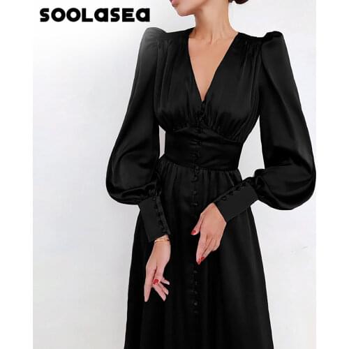 Soolasea New Elegant Satin Lartern Sleeve A-line Dress Women V-neck High Waist Button Dress Solid Vintage Long Dress Vestidos
