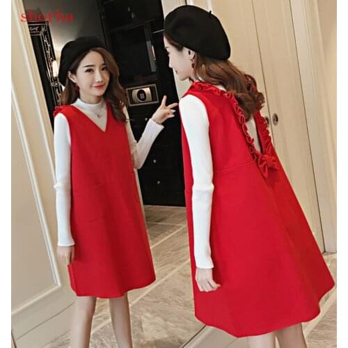 Winter Maternity dress sweater plus lace bow vest dress two-piece maternity skirt Autumn Long Sleeve For Pregnant Women