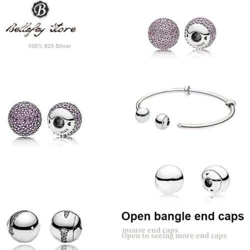 100% Real 925 Sterling Silver Open Bangle End Caps Fits Original Pink Purple Pave Charm Women DIY Jewelry Making Gifts