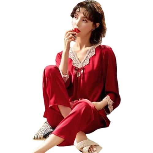 6011b-1 Print Fashion Women Pajama Set Sweet Lace Cuff Trousers Long Sleeve Suit Pyjamas