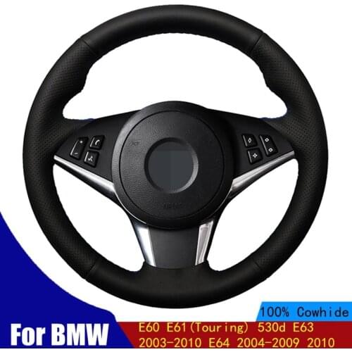 Car Steering Wheel Cover With Bulges DIY Black Genuine Leather For BMW E60 E61(Touring) 530d E63 2003-2010 E64 2004-2009 2010