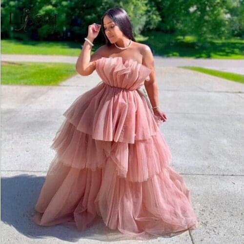 Pretty Unique Pink High Low Tulle Prom Dresses 2020 Ruffles Tiered Long Tulle Prom Gowns Off The Shoulder Abendkleider