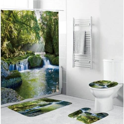 Rainforest Waterfall Shower Curtain Foliage Jungle Misty Mountains and Mossy Rocks Anti-skid Rugs Toilet Lid Cover Bath Mat Set