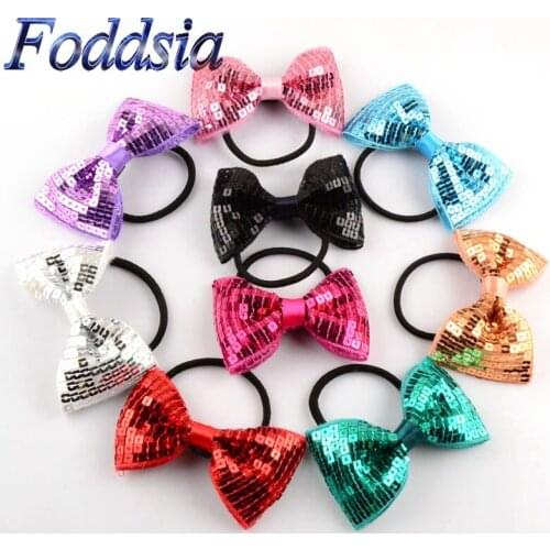 Foddsia 19pcs/lot 3'' Boutique Grosgrain Ribbon Girl Sequin Bow Elastic Hair Tie Rope Hair Band Girls bows Hair Accessories F32