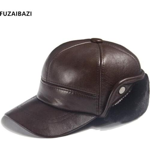 FUZAIBAZI Quality Genuine Leather Hat For Men Winter Fashion New Cowhide Thermal Baseball Cap Thick Velvet Earmuffs Caps