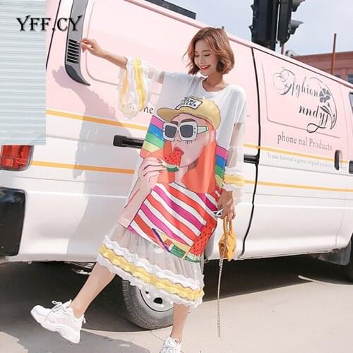Kawaii Cartoon Print Dress Mesh Spliced Plus Size 2020 Summer Women Loose Patchwork Cute Vestidos Flare Sleeve