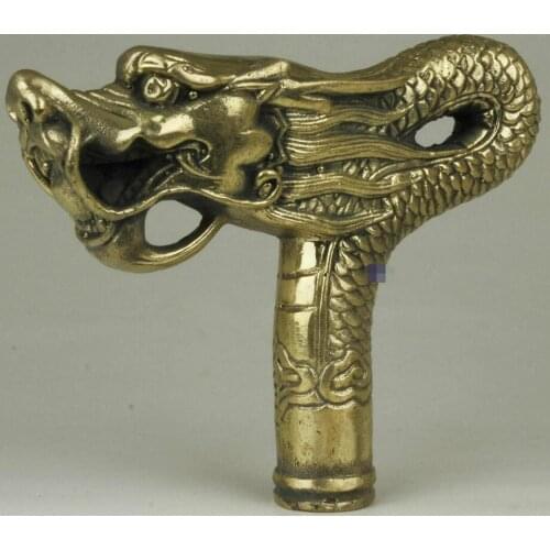 Chinese Brass Copper Hand carved Cane Walking Stick Head Handle Dragon Statue