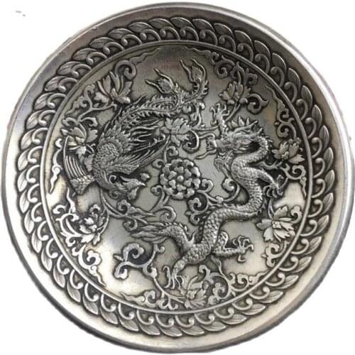 China Old Feng Shui Ornaments White Copper Silver Dragon Phoenix Bowl