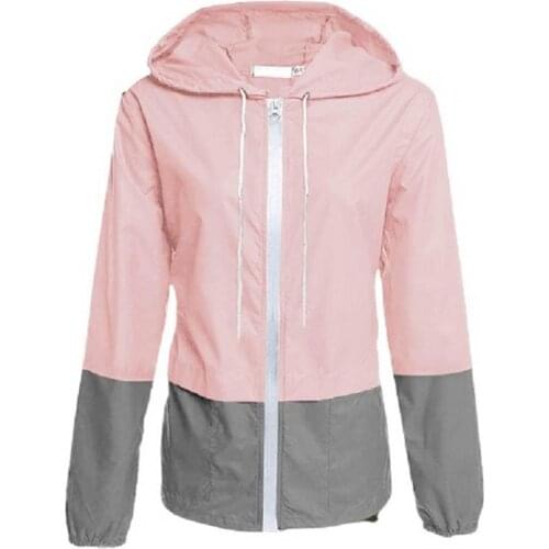 Hooded Jacket Women Solid Color Drawstring Women Long Sleeve Zipper Pockets Raincoat Hiking Jacket 3XL