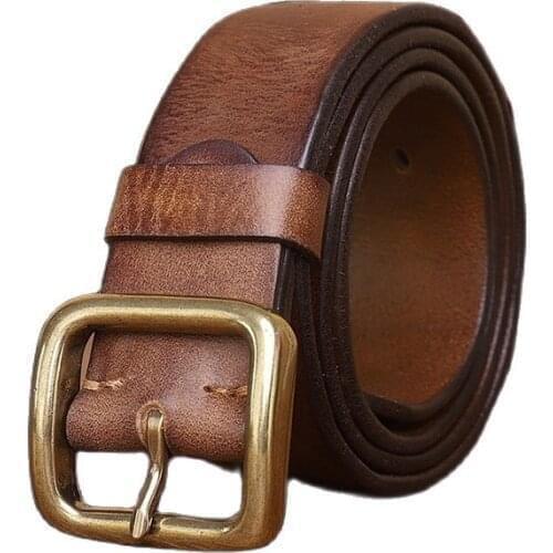 WJb59 Hand Made Retro Copper Pin Buckle Mens Belt Washed Jeans Classic First Layer Leather belt