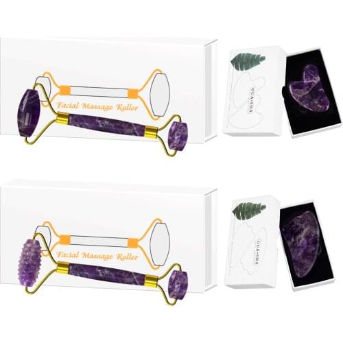 Amethyst Face Massage Roller Gouache Scraper Set for Facial Massage Natural Purple Crystal Gua Sha Board Skin Care Tool Box Kit