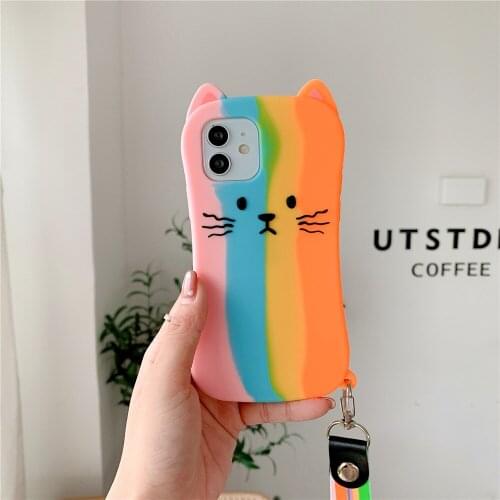 New Rainbow Cat Funda Case For iPhone 12 Mini/11Pro Max XR XS Max,Soft Silicon Phone Cover For iPhone SE 7 8Plus+Hand Strap