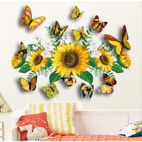 Yellow flower wallpaper Sunflower wall sticker 3D color stereo butterfly personality creative living room bedroom background