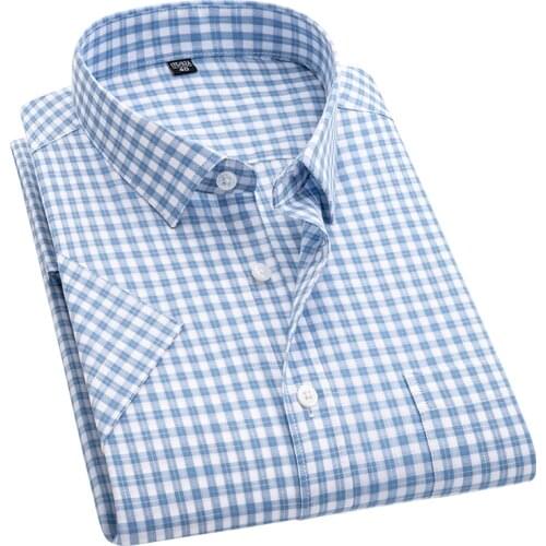 AOLIWEN Men 100% Cotton Cyan White Plaid Short Sleeve&Long Sleeve Shirt Spring Summer Button Trend Casual Soft Slim Fit Shirts