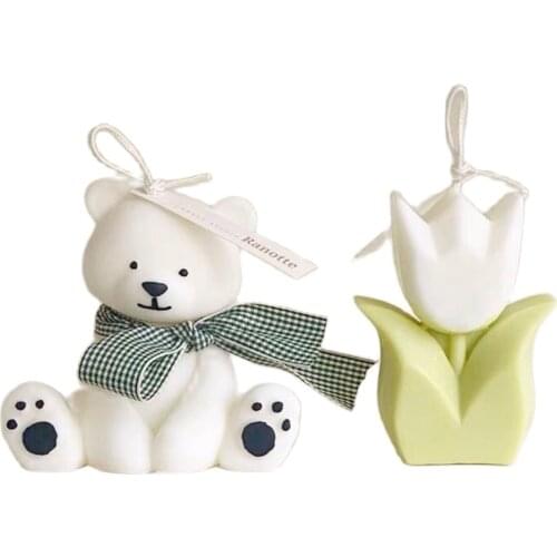 Animal Candle Silicone Mold Cute Bear Shape Candle Making Korean Style Lucky Flower Tulip Aromatherapy Plaster Mold