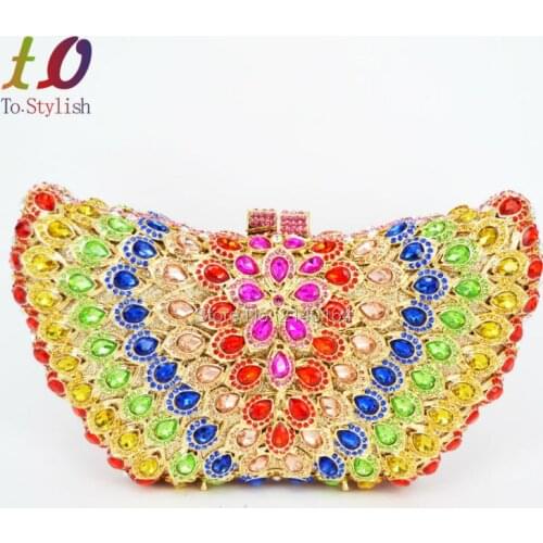 Stylish butterfly Luxury diamante Crystal banquet bags for Ladies Party Prom Gold Clutches Evening Purse Wedding bride bag 88234
