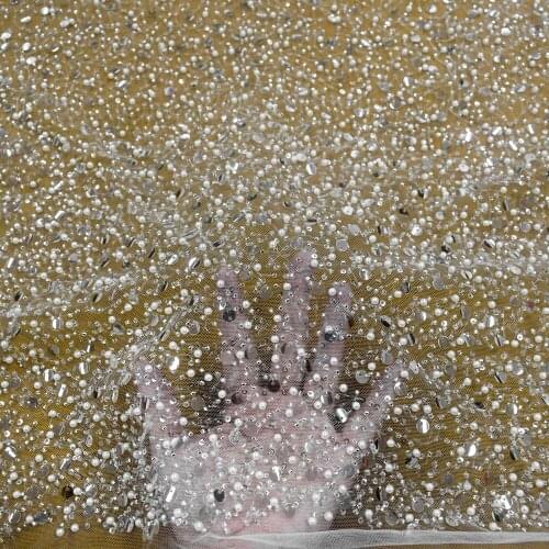 TOP Quality Beaded Embroidered Fabrics with Transparent Sequins and Pearls for Bridal Dress HY1450-2