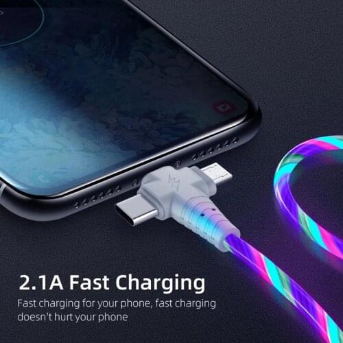 3in 1 LED Glow Flowing Charger Cable Luminous Lighting Fast Charging Micro USB Type C for IPhone Xiaomi Samsung Huawei Wire Cord