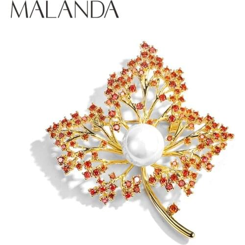 Malanda Brand New Fashion Red Zircon Leaves Shape Brooch Gold Color Pins Brooches For Women Girl Wedding Jewelry Christmas Gift
