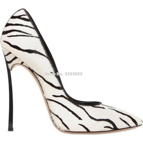 ALMUDENA Women Sexy Blade Metal Heel Shallow Pumps Leopard Horsehair Luxury Dress Shoes Stiletto Heels Banquet Party Shoes Sale