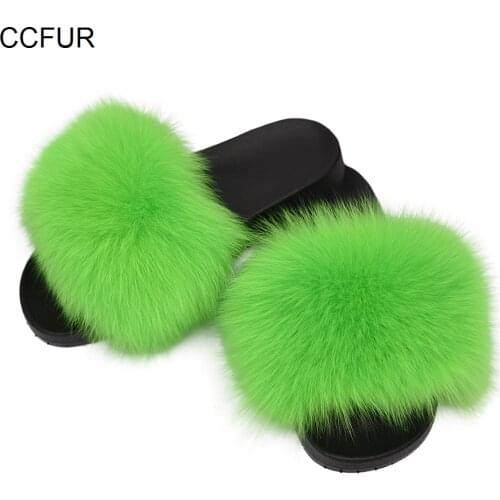 2021 New Fur Slides Womens Real Fox Fur Slippers Shoes Flip Flops Flat Fluffy Fur Sliders Retail Wholesale S6018H