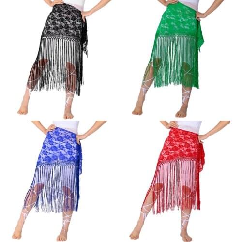 Fashion Womens Belly Dance Long Tassels Floral Lace Triangle Hip Scarf Wrap Dancer Yoga Costumes