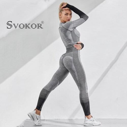 SVOKOR Women Set Fitness Exercise Seamless Leggings Suit Sexy Push Up High Waist Leggings Gym Knitting Workout Femme Jegging