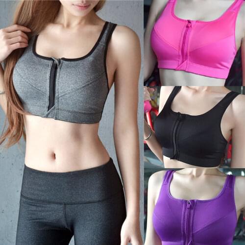 Women Running Shockproof Sports Bra Padded Wirefree With Front Zipper Closure Adjustable Strap High Impact Fitness Tops