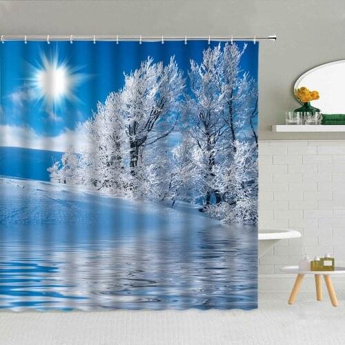 Winter Natural Snow Scenery Shower Curtain Sunny Pine Forest Lake Wood House Bathroom Bath Decor Screen Waterproof Cloth Curtain