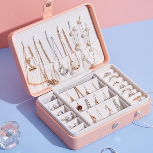 2 Layer Fashion Jewelry Box Portable PU Leather Earrings Ring Holder Organizer Women Necklace Display Case Accessories Supplies