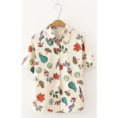 2021 Summer Sweet Childlide Leaves Printed Lapel Tops And Blouses Women Loose Short Sleeve Cute Chiffon Shirts All-Match Blusas
