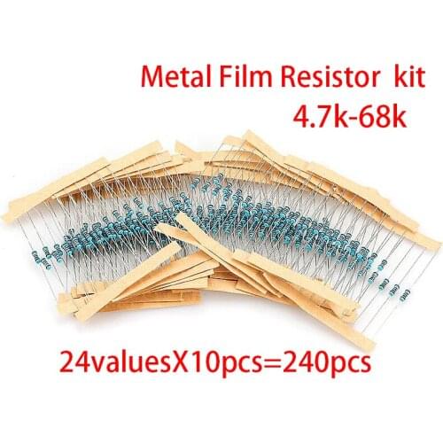 24valuesX10pcs=240pcs 1/4W 0.25W 1% 4.7k-68k Metal Film Resistor component diy kit package new and original