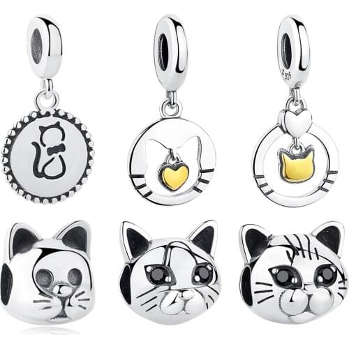 925 Sterling Silver Cat Dangle Charms with Crystal Bead Fit Women Original Bracelet Bangle Animal Charms Jewelry