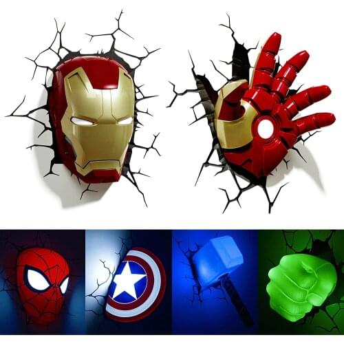 Wireless wall lamp for Kids room Bedroom Children led 3D Sticker Iron Man Hulk Christmas Gift Night marvel wall lights