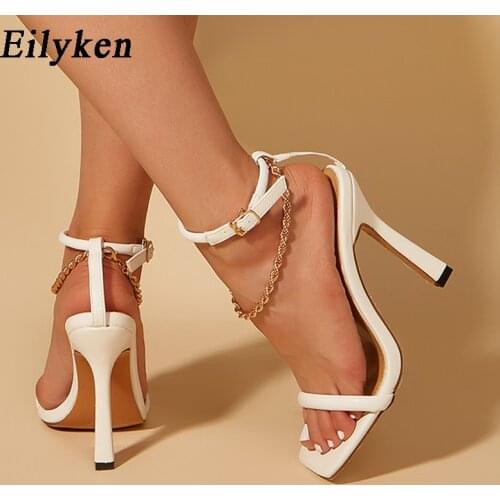 Eilyken White Women Sandals Female heel Fetish Strappy Summer Ankle Strap Chain Sexy Pumps Sandals Black Shoes