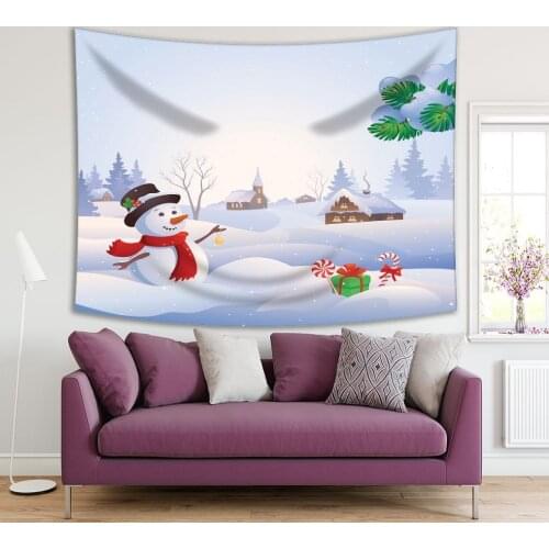 Tapestry Snowman with Hat and Red Scarf horse A Snowy Village Houses Trees Green Fir Branches and Gift Cartoon Illustration